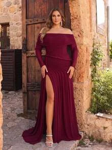 Glamrae Đầm dạ hội nữ size lớn sang trọng cao cấp màu đỏ rượu vang, hở vai, dây xoắn, vải lưới, thiết kế nhún, xẻ tà, đuôi cá, phù hợp cho lễ hội, đám cưới, dạ tiệc, hòa nhạc, tiệc chiêu đãi doanh nghiệp, sự kiện người nổi tiếng, đầm dạ hội nữ gia công tỉ mỉ - Màu Đỏ Sâu - Xem 4
