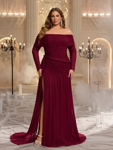 Glamrae Đầm dạ hội nữ size lớn sang trọng cao cấp màu đỏ rượu vang, hở vai, dây xoắn, vải lưới, thiết kế nhún, xẻ tà, đuôi cá, phù hợp cho lễ hội, đám cưới, dạ tiệc, hòa nhạc, tiệc chiêu đãi doanh nghiệp, sự kiện người nổi tiếng, đầm dạ hội nữ gia công tỉ mỉ - Màu Đỏ Sâu - Xem 5
