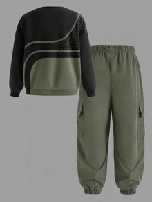 1 Set Digital Print Green Sweatshirt And Green Cargo Pants, Boys Toddler Long Sleeve Top And Cuffed Pants Outfit, Casual Cool - Multicolor - View 3