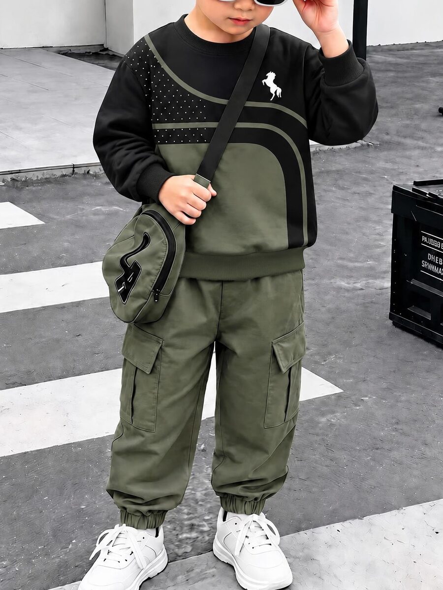 1 Set Digital Print Green Sweatshirt And Green Cargo Pants, Boys Toddler Long Sleeve Top And Cuffed Pants Outfit, Casual Cool - Multicolor - View 1