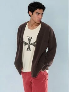 FORM&CHAOS Men's Fall/ Loose Fit Button Up Long Sleeve Cardigan Dark Brown Casual Cardigan Jacket Vacation House Family Basic Baggy - Brown - View 3