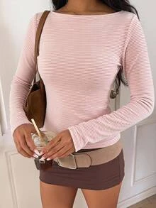 Comfortcana 女款條紋圓領長袖休閒浪漫百搭T恤，粉色與白色條紋，適合早午餐與秋季 - 粉色 - 查看 6