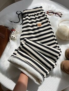 Comfortcana Women's Waist Tie Cartoon Bear Patch Striped Casual Long Pants - Black and White - View 9