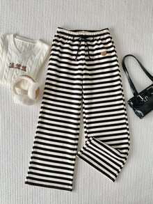 Comfortcana Women's Waist Tie Cartoon Bear Patch Striped Casual Long Pants - Black and White - View 6