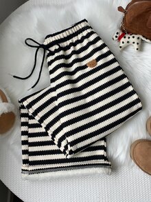 Comfortcana Women's Waist Tie Cartoon Bear Patch Striped Casual Long Pants - Black and White - View 5