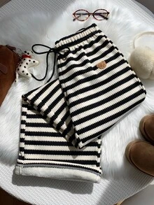 Comfortcana Women's Waist Tie Cartoon Bear Patch Striped Casual Long Pants - Black and White - View 1