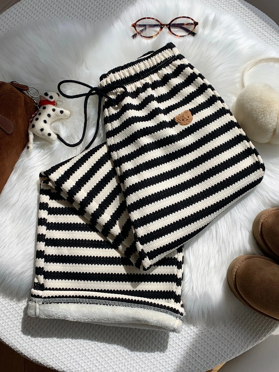 Comfortcana Women's Waist Tie Cartoon Bear Patch Striped Casual Long Pants - Black and White - View 1