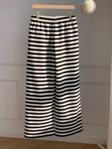 Comfortcana Women's Waist Tie Cartoon Bear Patch Striped Casual Long Pants - Black and White - View 2