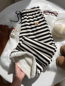 Comfortcana Women's Waist Tie Cartoon Bear Patch Striped Casual Long Pants - Black and White - View 4