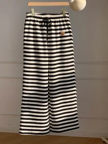 Comfortcana Women's Waist Tie Cartoon Bear Patch Striped Casual Long Pants - Black and White - View 7