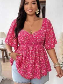 Vionelle Plus Size Small Floral Print Spring Summer Casual Gothic Boho Versatile Elegant Women's Blouse Vacation Yellow Vacation Vacation Airport - Hot Pink - View 1