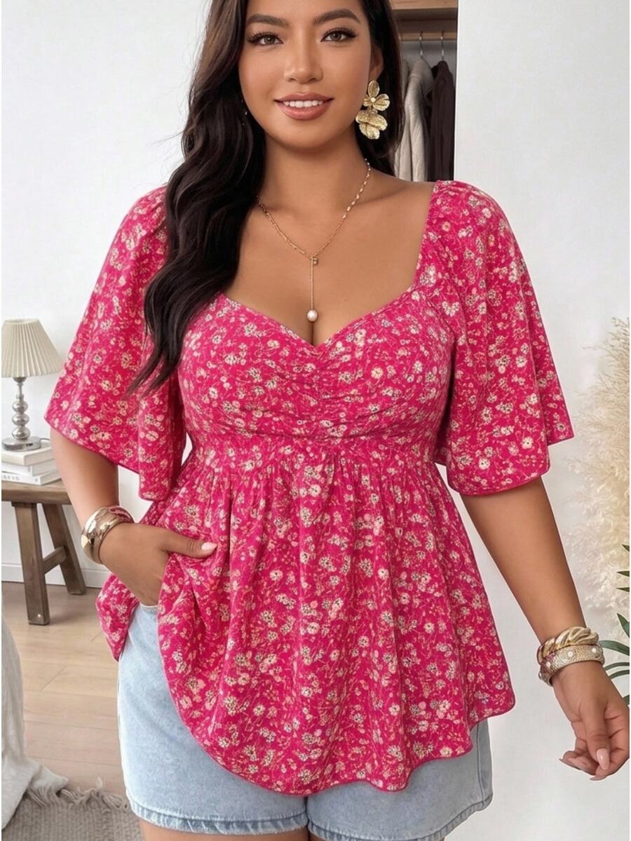 Vionelle Plus Size Small Floral Print Spring Summer Casual Gothic Boho Versatile Elegant Women's Blouse Vacation Yellow Vacation Vacation Airport - Hot Pink - View 1