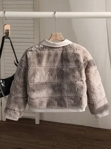 SHEIN Tween Girl Casual Preppy Streetwear Cute Classic Leather Fleece Patchwork Jacket, Loose Fit, Comfortable, Fall School Gym Grey Camo - Beige - View 5