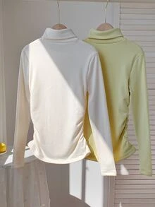Comfortcana Women's Solid High-Neck Long-Sleeve Thermal Lined Ruched Casual T-Shirt (2-Pack) - Multicolor - View 2