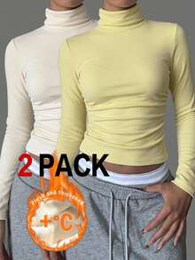 Comfortcana Women's Solid High-Neck Long-Sleeve Thermal Lined Ruched Casual T-Shirt (2-Pack) - Multicolor - View 8