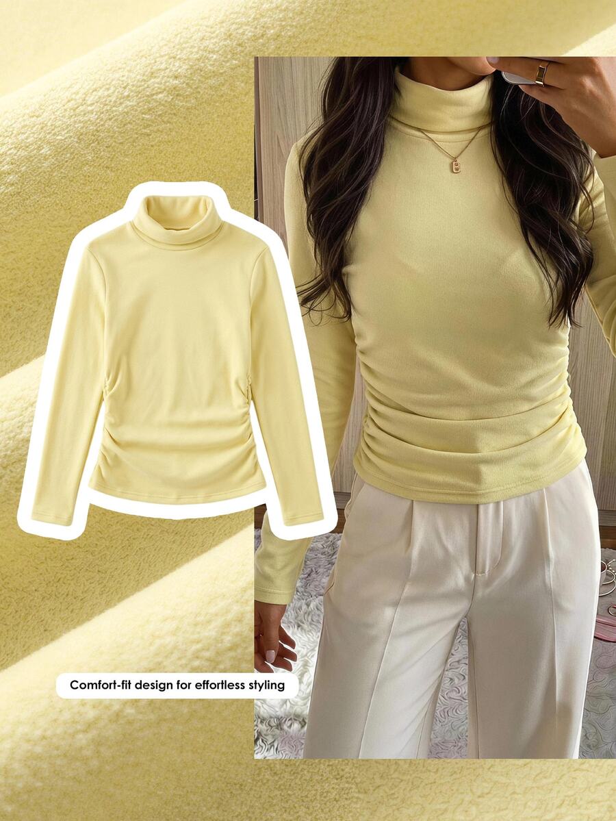 Comfortcana Women's Solid High-Neck Long-Sleeve Thermal Lined Ruched Casual T-Shirt (2-Pack) - Multicolor - View 1