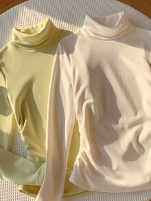 Comfortcana Women's Solid High-Neck Long-Sleeve Thermal Lined Ruched Casual T-Shirt (2-Pack) - Multicolor - View 3
