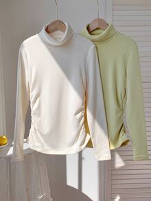 Comfortcana Women's Solid High-Neck Long-Sleeve Thermal Lined Ruched Casual T-Shirt (2-Pack) - Multicolor - View 4