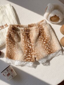 Comfortcana شورت نسائي كاجوال متعدد الاستخدامات للارتداء اليومي من الدانتيل والقطيفة بتصميم مرقع - بني - مشاهدة 3