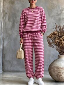 Breezaya 2 Pieces Women's Loose Striped Crew Neck Drop Shoulder Sweatshirt And Striped Pants, Winter Set Fall - Multicolor - View 3