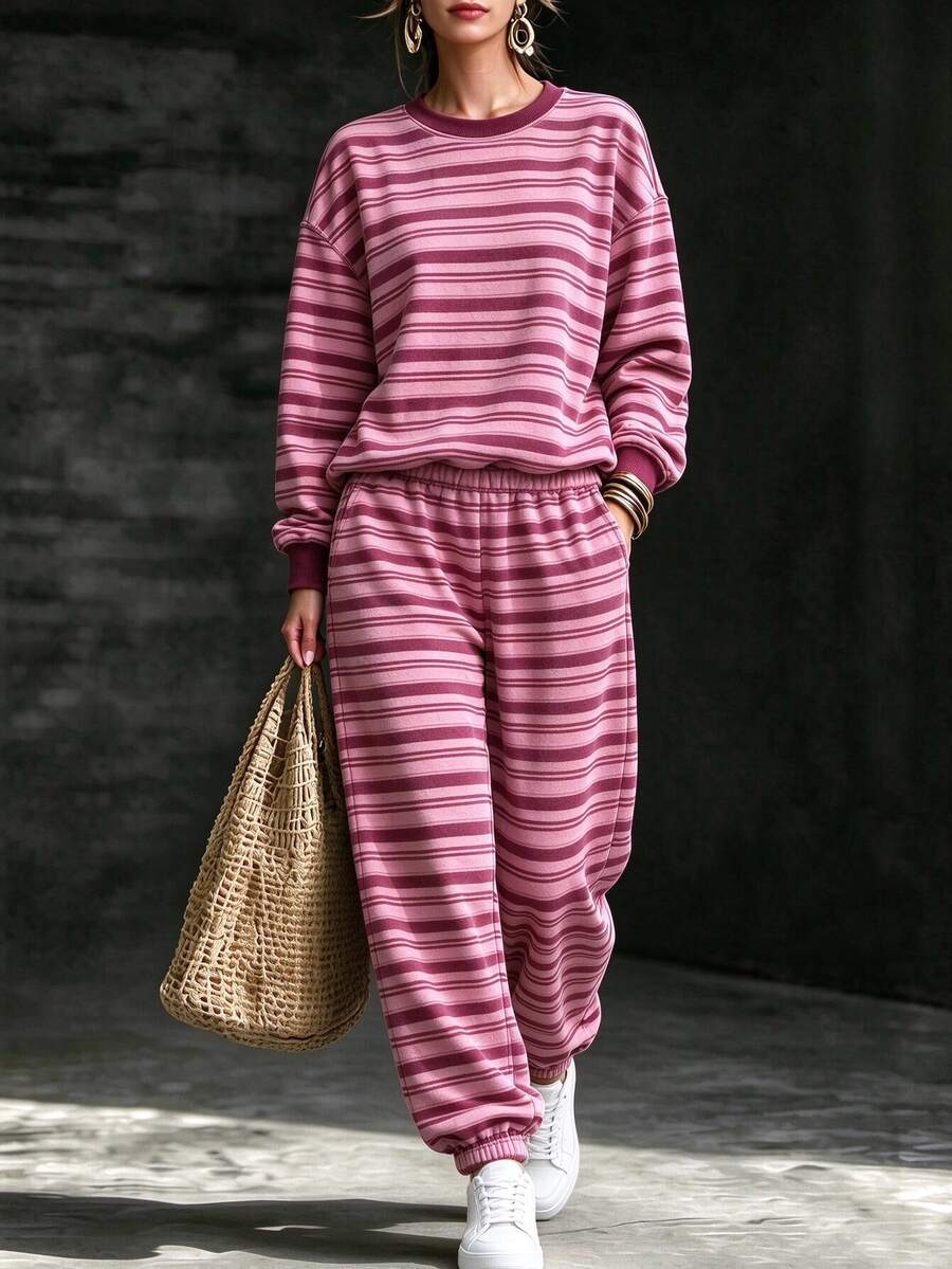 Breezaya 2 Pieces Women's Loose Striped Crew Neck Drop Shoulder Sweatshirt And Striped Pants, Winter Set Fall - Multicolor - View 1