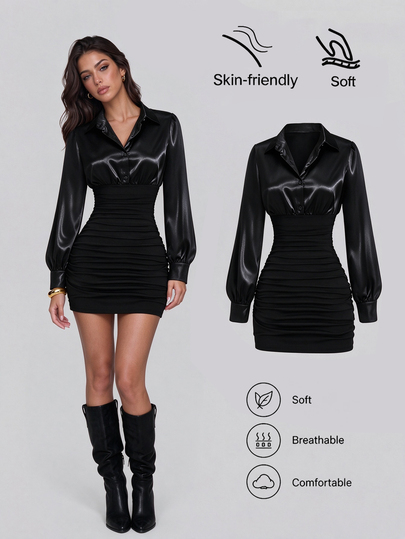 Dulcita Vestido mini de mujer con diseño de patchwork de satén & tejido de punto, cintura ceñida y plisado, manga larga con cuello de camisa, negro sólido, estilo sexy de puro deseo, adecuado para citas, fiestas, otoño, invierno, principios de primavera