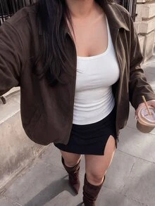 SHEIN BAE CURVE 大尺碼復古休閒優雅寬鬆落肩夾克女款 秋冬保暖仿麂皮/PU大衣 萬聖節穿搭 正式雞尾酒會棕色 - 咖啡棕 - 查看 5