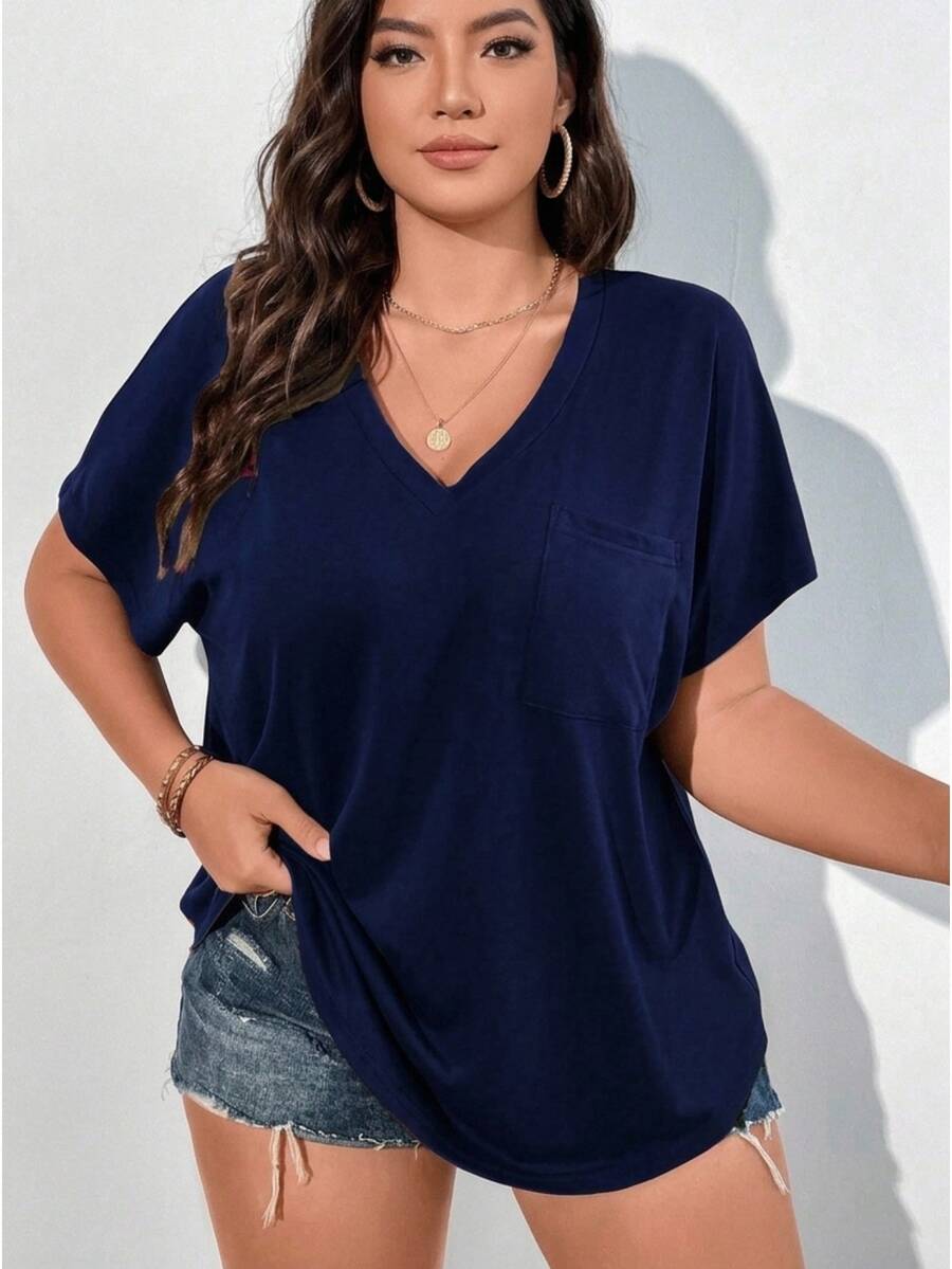 Vionelle Plus Solid Batwing Sleeve Tee - Blue - View 1