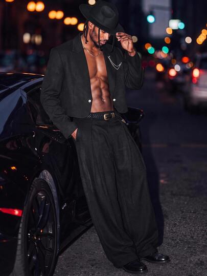 NEON BLANC Men's Woven Fashion Casual Young Loose Long Sleeve Blazer & Straight Leg Pants 2 Pieces Set