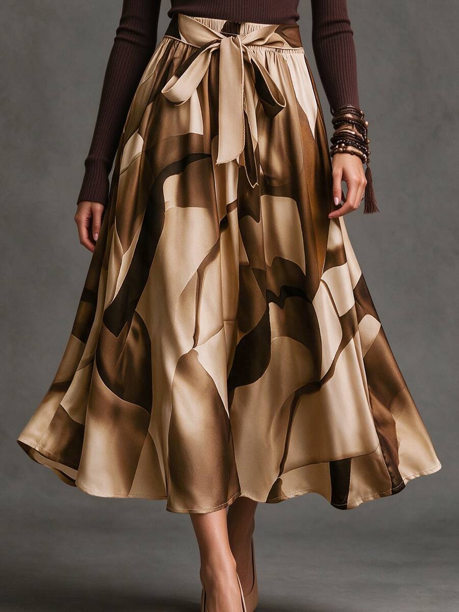 Franclia Plus Size Front Tie All-Over Allover Print Skirt, Casual Everyday Wear - Apricot - View 1