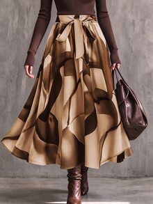 Franclia Plus Size Front Tie All-Over Allover Print Skirt, Casual Everyday Wear - Apricot - View 3