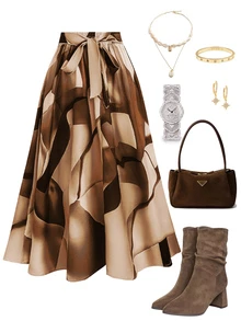 Franclia Plus Size Front Tie All-Over Allover Print Skirt, Casual Everyday Wear - Apricot - View 5