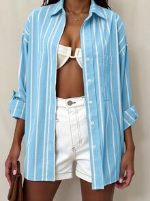 Vaclyn Women's Stripe Cuffed Sleeve Single-Breasted Casual Loose Pocket Shirt - Baby Blue - View 11