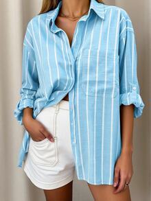 Vaclyn Women's Stripe Cuffed Sleeve Single-Breasted Casual Loose Pocket Shirt - Baby Blue - View 13