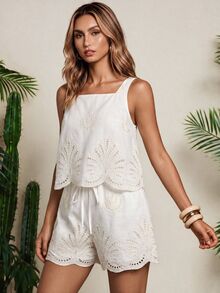 Vaclyn Women's Fashion Elegant Hollow Embroidery Tank Top And Shorts Casual Vacation Set - White - View 3