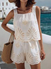 Vaclyn Women's Fashion Elegant Hollow Embroidery Tank Top And Shorts Casual Vacation Set - White - View 11