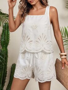 Vaclyn Women's Fashion Elegant Hollow Embroidery Tank Top And Shorts Casual Vacation Set - White - View 4