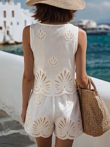 Vaclyn Women's Fashion Elegant Hollow Embroidery Tank Top And Shorts Casual Vacation Set - White - View 9