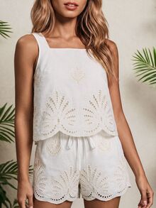 Vaclyn Women's Fashion Elegant Hollow Embroidery Tank Top And Shorts Casual Vacation Set - White - View 8