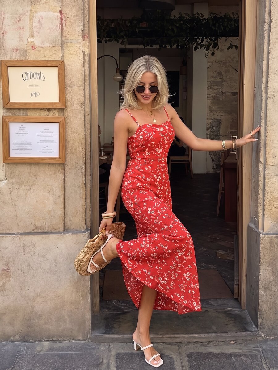 Pariaura Women's Backless Ruched Waist Fishtail Red Floral Print Summer Holiday Sun Vacation Boho Midi Dress - Red - View 1