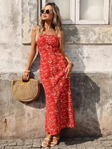 Pariaura Women's Backless Ruched Waist Fishtail Red Floral Print Summer Holiday Sun Vacation Boho Midi Dress - Red - View 7