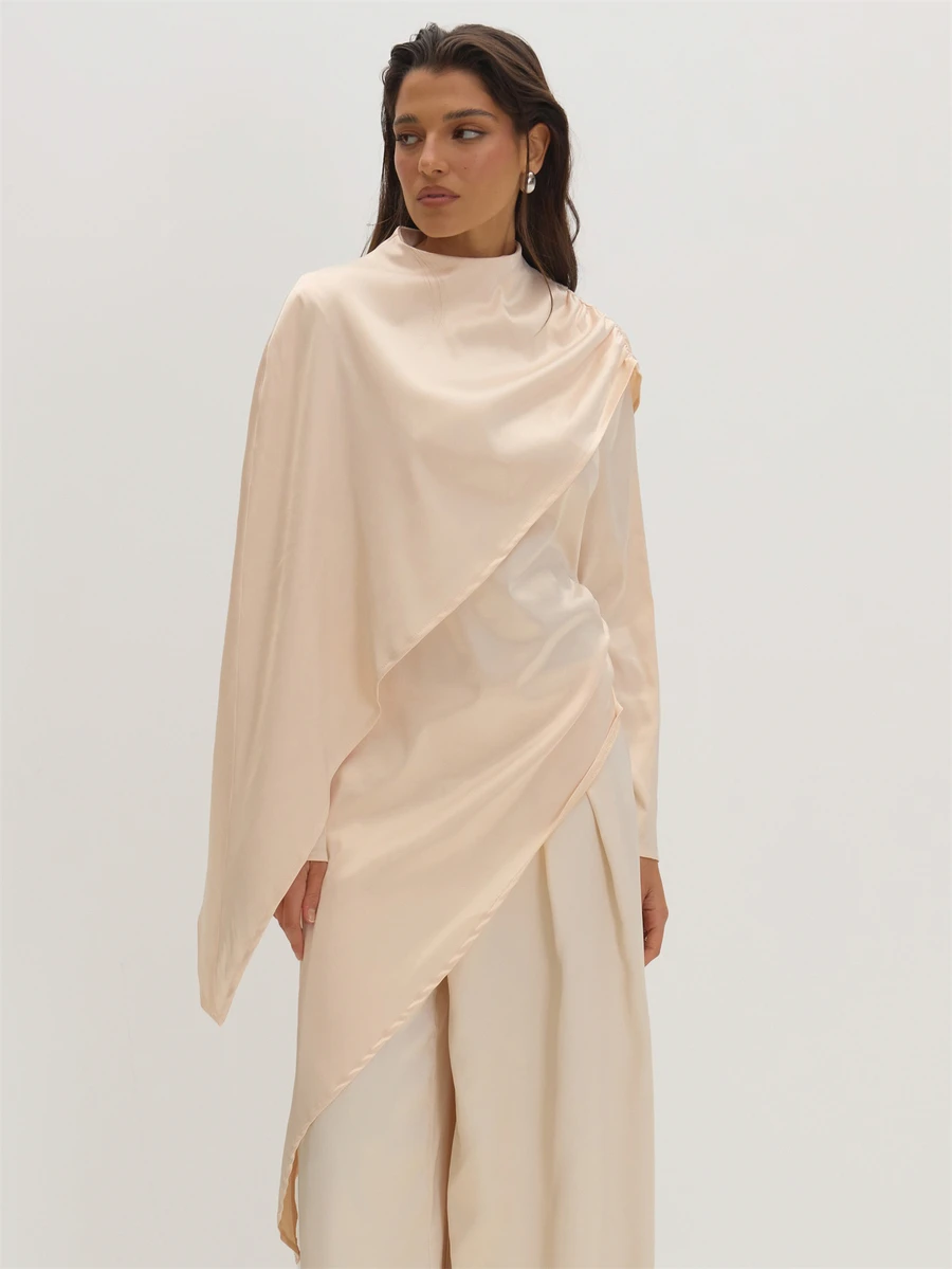 MUSEYN Cream Satin Cape Asymmetric Long Sleeve Blouse Classy Date Night Chic Evening Elegant - White - View 1