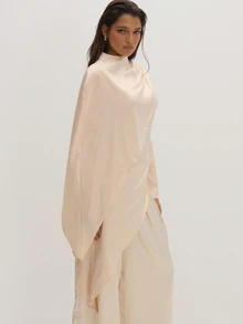 MUSEYN Cream Satin Cape Asymmetric Long Sleeve Blouse Classy Date Night Chic Evening Elegant - White - View 2