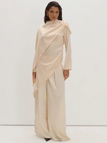 MUSEYN Cream Satin Cape Asymmetric Long Sleeve Blouse Classy Date Night Chic Evening Elegant - White - View 3