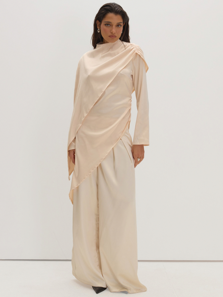 MUSEYN Cream Satin Cape Asymmetric Long Sleeve Blouse Classy Date Night Chic Evening Fall - White - View 3