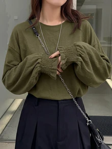 FRIFUL 女士休闲宽松落肩长袖圆领T恤 - 軍綠色 - 查看 5