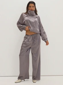 MUSEYN Grey Satin Drawstring Wide Leg Pants Classy Date Night Chic Evening Fall - Dark Grey - View 1