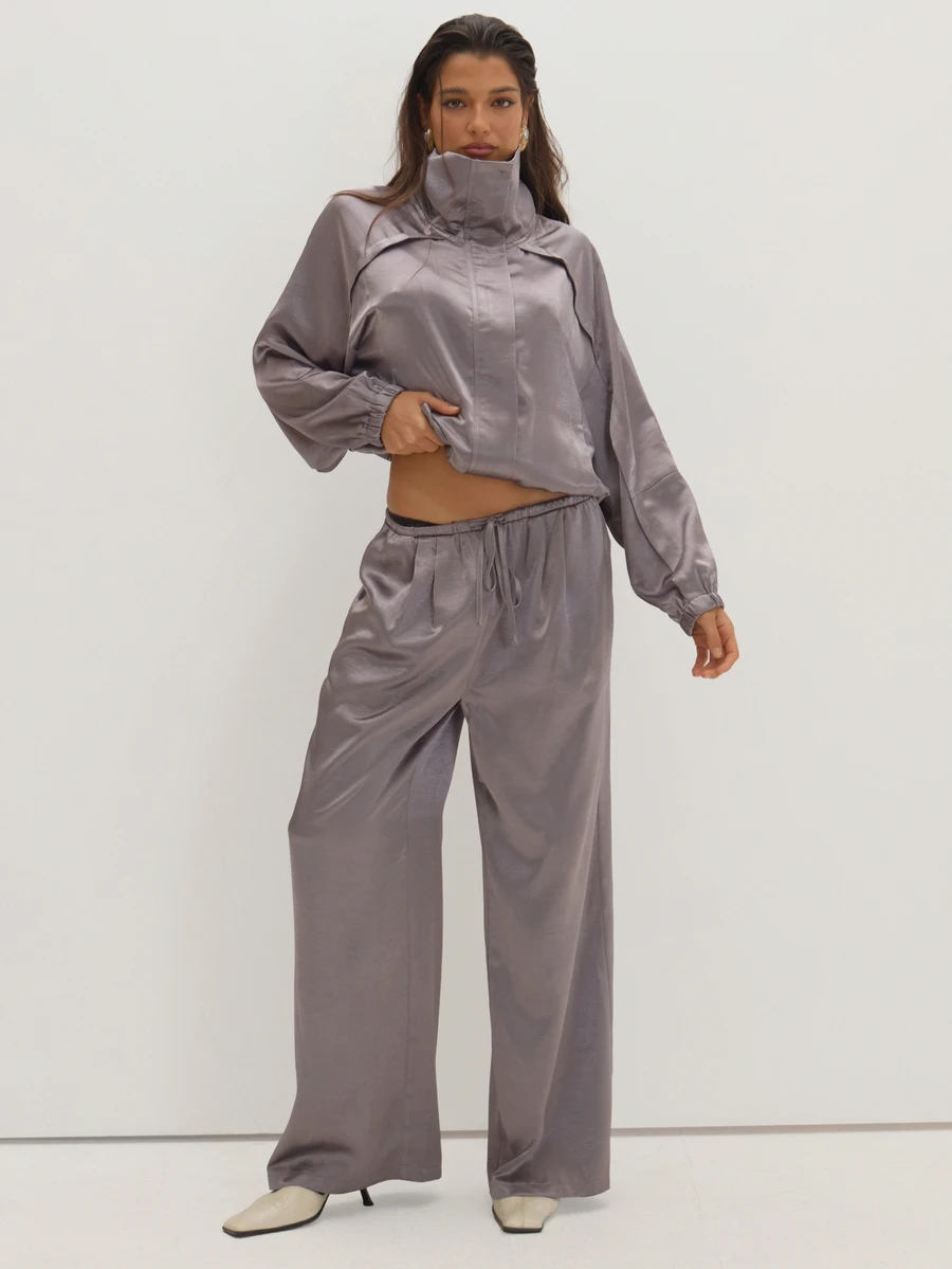 MUSEYN Grey Satin Drawstring Wide Leg Pants Classy Date Night Chic Evening Fall - Dark Grey - View 1