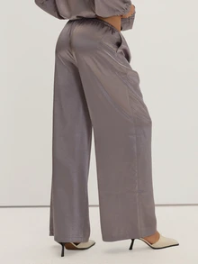 MUSEYN Grey Satin Drawstring Wide Leg Pants Classy Date Night Chic Evening Fall - Dark Grey - View 4