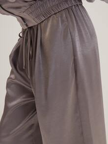 MUSEYN Grey Satin Drawstring Wide Leg Pants Classy Date Night Chic Evening Fall - Dark Grey - View 5